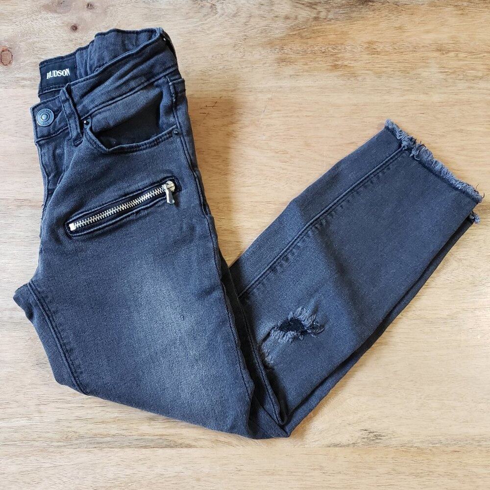 Hudson Girls Grey Moto Zipper Jeans Raw Distressed